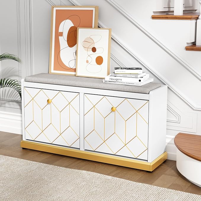 HLR Shoe Bench with Storage, Modern Entryway Bench with 2 Flip Drawer & Padded Cushion Seat, Shoes Storage Bench for Hallway, Closet, Living Room, White Shoe Storage Cabinet with Bench - Image 4