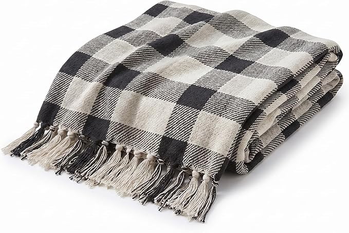 Americanflat 50x60 Throw Blanket - Soft and Breathable Cotton Throw Blanket for Couch, Bed, Chair - Decorative Blankets Perfect for Home, Office, or Outdoor Use - Black, Cream and Beige Plaid Design
