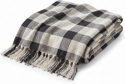 Americanflat 50x60 Throw Blanket - Soft and Breathable Cotton Throw Blanket for Couch, Bed, Chair - Decorative Blankets Perfect for Home, Office, or Outdoor Use - Black, Cream and Beige Plaid Design