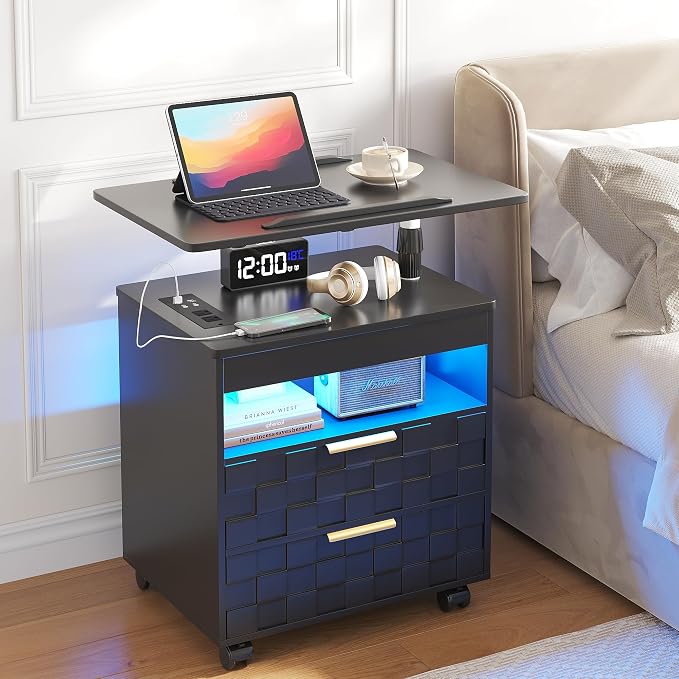 Lareth Height Adjustable Nightstand with Charging Station, LED Bedside Table 2 Drawers, Smart Wooden End Table Dorm Rolling Side Table Laptop Workstaion with Wheels for Bedroom, Black by HOMEFURNITURE