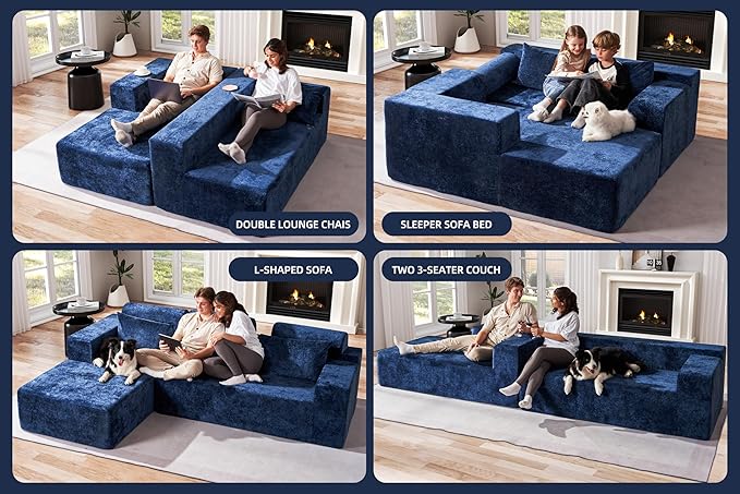 Homguava Modular Sectional Couches for Living Room,105" Cloud Couch with L-Shape Chaise,Comfy Sofa Living Room Couch with Deep Seat,No Assembly L Couch,Luxury Distressed Velvet(Blue,L)
