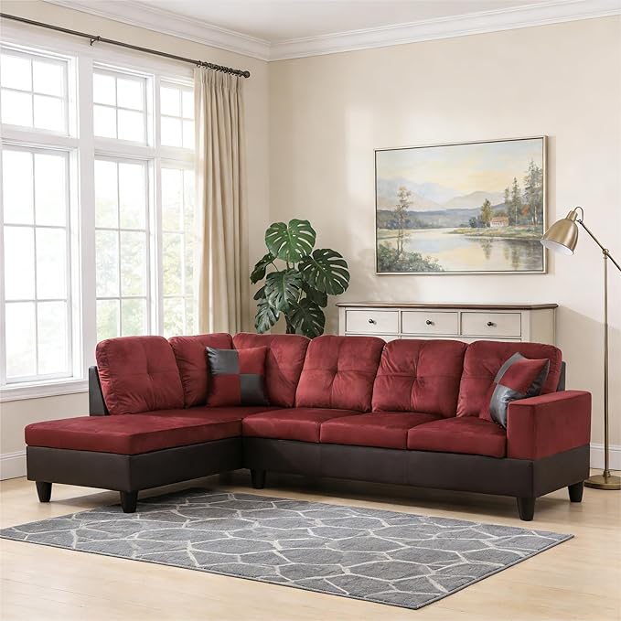103.5 Inch Modern L-Shaped Couch, Flannel Sectional Sofa with Chaise Lounge, 4-Seater Couch with Accent Pillows for Living Room, Apartment, Red