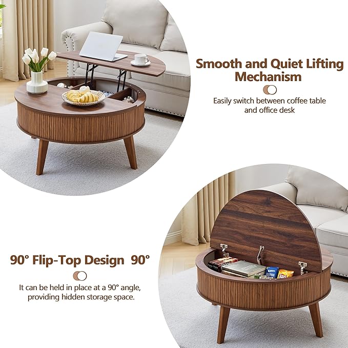 Round Lift Top Coffee Table with Storage, 35.4'' Fluted Wood Center Table Mid Century Modern Coffee Table with Lifting Top for Living Room, Office, Small Space (Walnut)