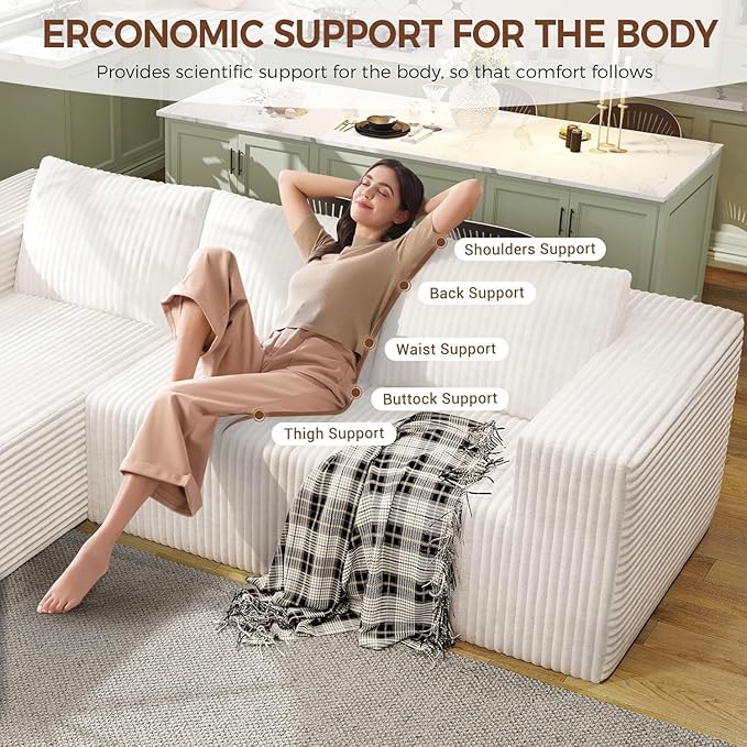 106" Boneless Couches for Living Room, Modular Sectional Sofa, L-Shape Sofa Couches,Cloud Couch Sectional, Comfy Corduroy Sofa, with Deep Seat, No Assembly Required (White, 108"+Left Facing Chaise)