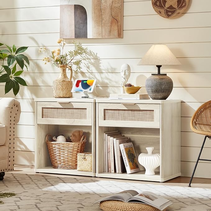 LEYAOYAO Rattan Nightstand with Charging Station, 23" Wide Boho Night Stand with Drawer, Grey White Bedside Table Open Storage Cabinet, Bed Side End Tables Dresser for Bedroom, Living Room, Hallway - Image 4