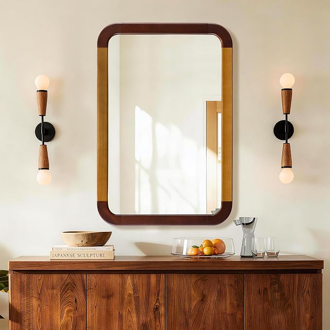 Bathroom Mirror 24 x 36 Inch,Brown Wood Rustic Rectangle Tempered Wall Mirror with Wood Frame,Round Corner Farmhouse Wooden Vanity Mirror for Living Room,Entryway or Bedroom（Walnut Brown） - Image 3