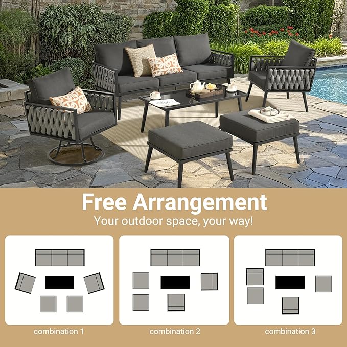 Weaxty Modern Patio Furniture Set 6 Piece, Rope Outdoor Patio Conversation Sets Sectional Sofa Swivel Chairs Table Ottoman, All Weather Metal Balcony Furniture for Backyard Garden, Black