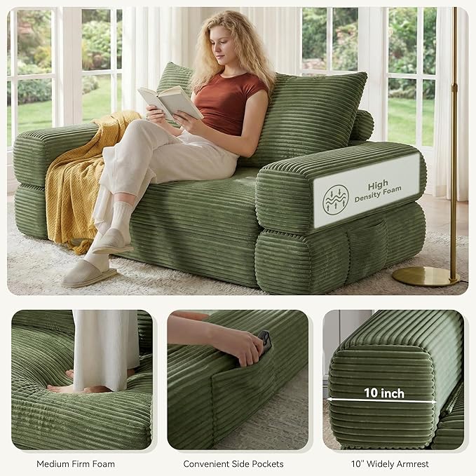 4-in-1 Convertible Folding Sofa Bed, 76 Inch Queen Size Foldable Sleeper Sofa Bed, Wide Corduroy Upholstery, Boneless Mattress Couch with Armrests & Neck Pillow for Living/Bedroom - Green