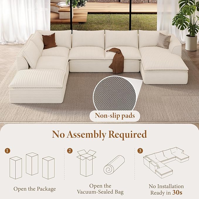 Vesgantti 141.7" U Shaped Sectional Boneless Couch, Modern 6 Seater Modular Sofa with Chaise & Ottoman, Deep Seat Plush Corduroy Cloud Couches for Living Room, No Assembly Required, Beige