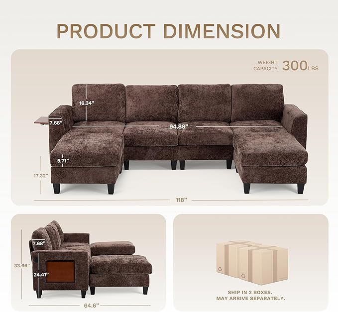 118" Sectional U-Shaped Cloud Couch, Modular Modern 4-Seat Sofa, with USB Type C Ports, Foldable Side Table and 2 Ottomans, for Home Living Room, Brown