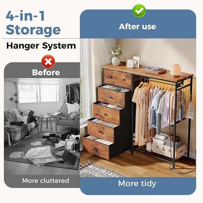 DUMOS Dresser for Bedroom with Hanging Rack, 6 Drawer Fabric Dresser with Charging Station and LED Lights, Closet Organizer & Storage Tower for Living Room, Entryway, Apartment, Rustic Brown - Image 4