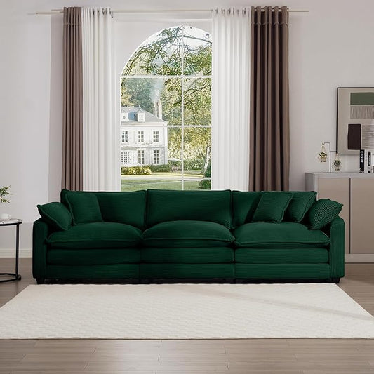KEIKI 115" Oversized Corduroy Modular Sectional Cloud Sofa with High-Density Foam Cushions, Removable Armrests, Upholstered Modern 3-Seater Fluffy Corner Couch with 5 Pillow, for Living Room, Green