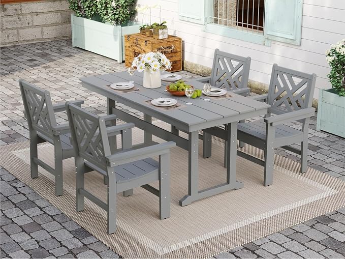 5-Piece Outdoor Dining Set, HDPE All-Weather Patio Table and Chairs Set for 4, Outdoor Patio Furniture Sets with Umbrella Hole for Outside, Deck, Backyard, Garden (Grey) by BIVODA