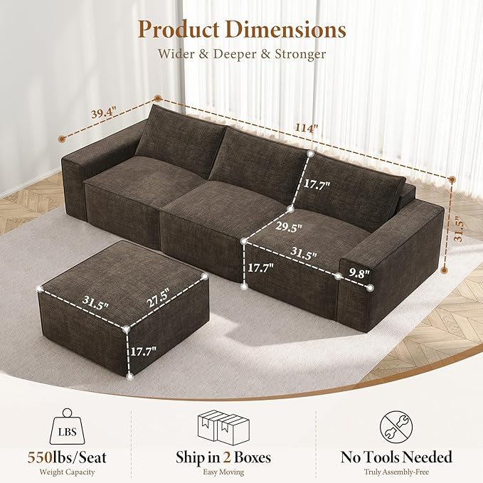 Vesgantti 114" Modular Boneless Couch, Modern 3 Seater Sectional Sofa with Ottoman & Deep Seat, Convertible Chenille L Shaped Cloud Couches for Living Room, No Assembly Required, Dark Brown