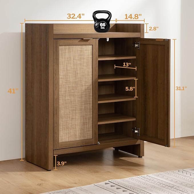 SICOTAS Shoe Cabinet Set of 3, Large Capacity Shoe Storage Organizer Cabinet, Tall Rattan Shoe Cabinet with Doors and Shelves, 6-Tier Farmhouse Boho Wooden Storage Cabinet for Entryway Hallway - Image 3