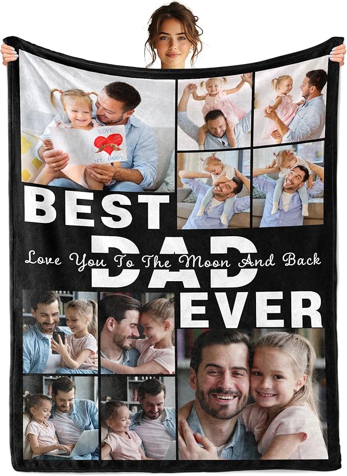 Personalized Fathers Day Blanket Gifts for Husband Dad From Daughter Son Wife, Best Dad Ever Custom Photos Blanket, Father's Day Christmas Birthday Unique Gift for Daddy, Grandpa, Husband, Men