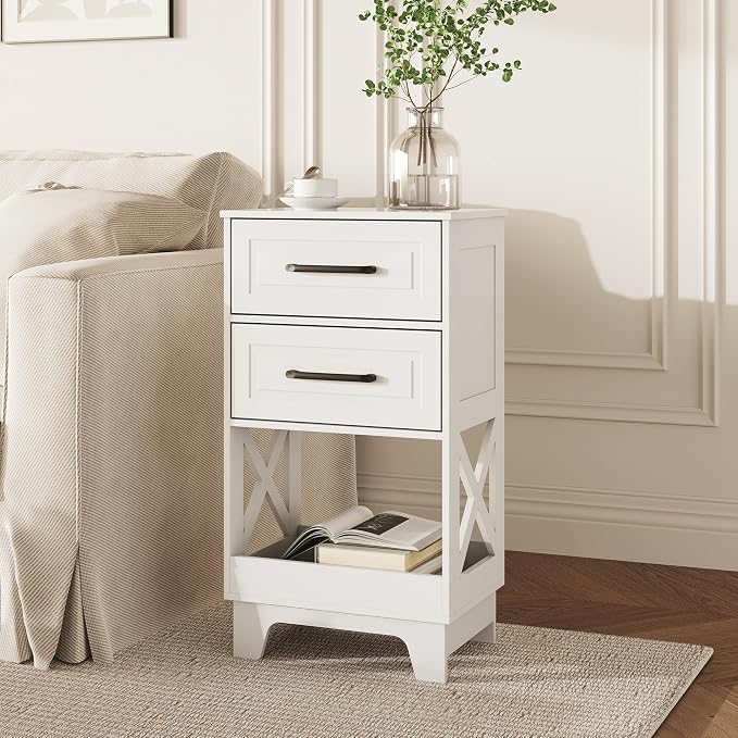 Tall Nightstand Set of 2 Side Table with 2 Drawers Modern Night Stand Wooden End Table Bedside Table with Below Open Shelf Solid Feet for Bedroom White - Image 6