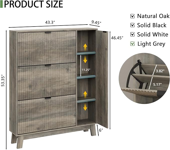 Xixini Shoe Cabinet with 3 Flip Drawers, 54" Tall Narrow Fluted Shoe Storage Organizer for Entryway, Hidden Wooden Shoe Rack with Adjustable Side Cabinet for Front Door Entrance, Hallway, Light Grey - Image 2