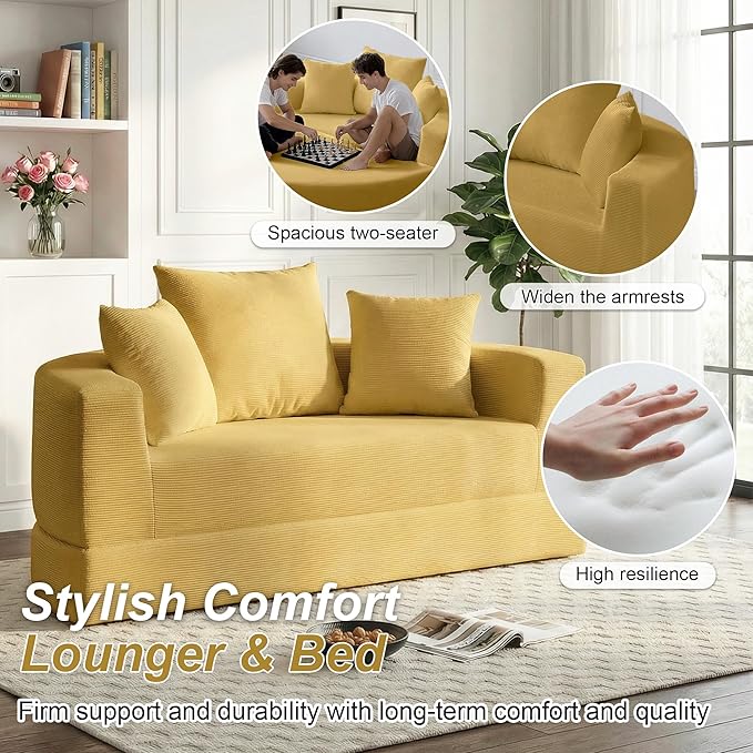 Casaphoria 67'' Sleeper Sofa for Small Spaces,Convertible Foldable Couch Bed with Armrests,Space Saving Guest Bed for Apartments,Dorms,Living Room(Yellow)