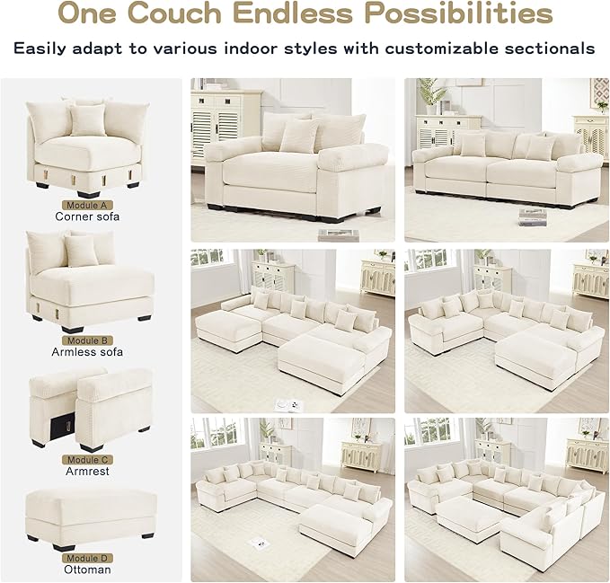KEIKI 54" Oversized Corduroy Modular Sectional Single Sofa with High-Density Foam Cushions, Extra-Thick Armrests, Upholstered Modern 1-Seater Lounge Accent Chair with 3 Pillow, for Living Room, Beige