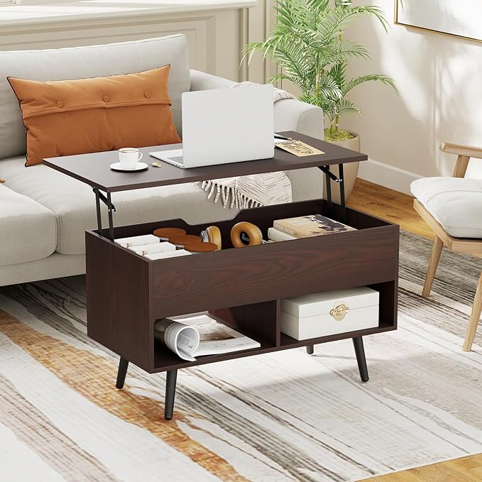 Tangkula Lift Top Coffee Table, Modern Cocktail Table with Hidden Compartment & 2 Open Shelves, Flip Top Center Table, Wooden Pull up Coffee Table for Living Room, Reception Room, Office (Brown)