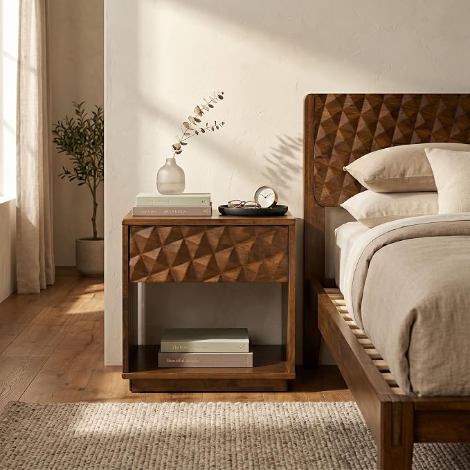 NTC Sapa Solid Wood Nightstand with 3D Carved Drawer Front – Modern Bedside Table with Open Shelf, Easy Assembled - Dark Walnut by NTC