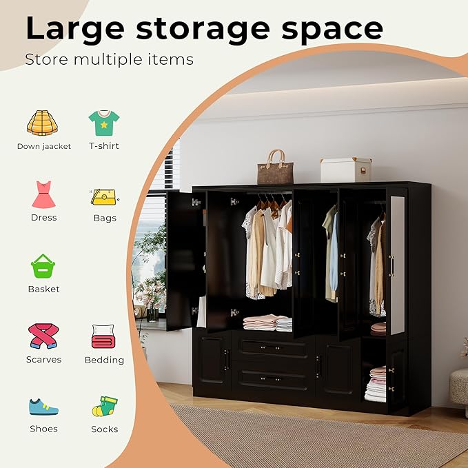 GraceGrove Armoire Wardrobe Closet with Mirror and 2 Drawers, Bedroom Cabinet with 5 Doors and Hanging Rods, Wood Wardrobe Closet with Large Storage, Armoires and Wardrobes for Bedroom Black