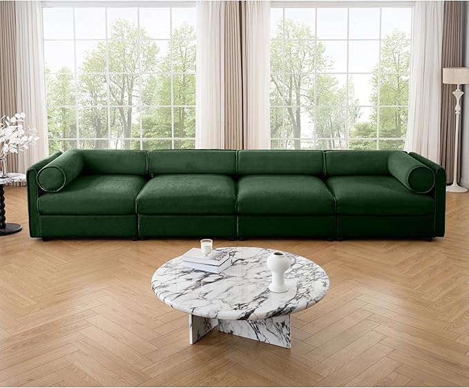 KEIKI 143" Oversized Modular Chenille Sectional Sofa with Storage Seat, 4-Seater Couch with Cylindrical Backrest and Armrests, Easy Assembly, for Apartment, Living Room, Green