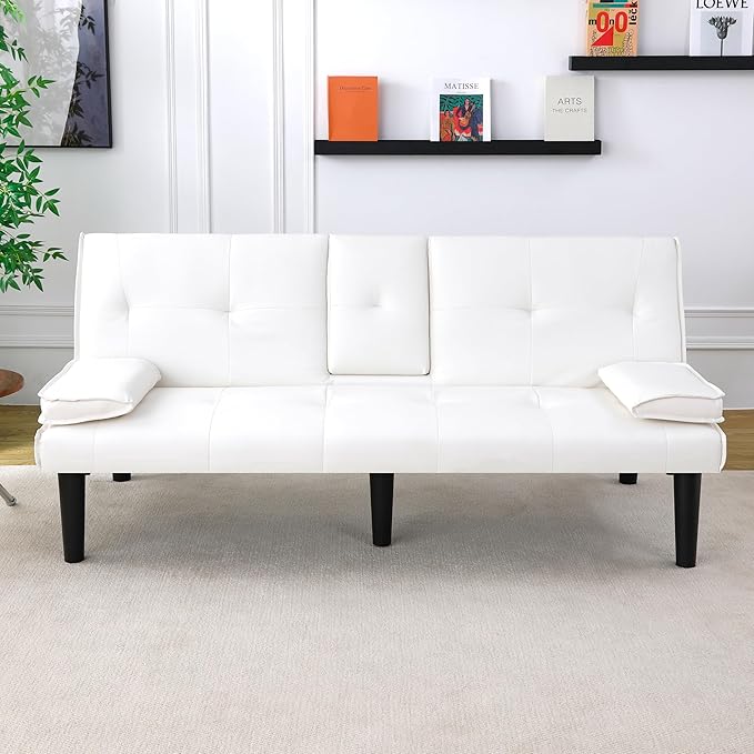 KEIKI 67" Convertible Sofa Bed with Cup Holder, 3 in 1 Futon Sleeper Sofa Chair, PVC Upholstered Sofa for Living Room or Office, White