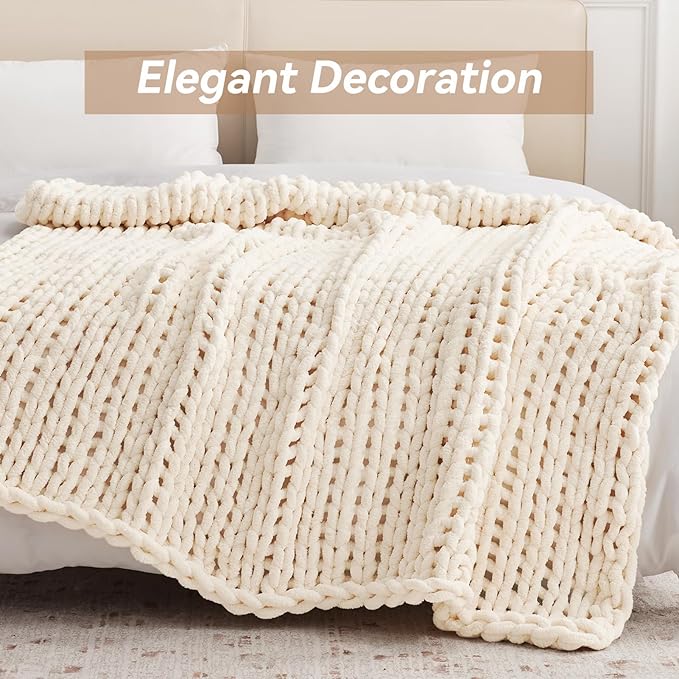 Negwoo Chunky Knit Throw Blanket, 40''*50'' Knitted Throw Chenille Yarn for Bed Couch, Handmade Cream Crochet Big Thick Blanket, Machine Washable Cute Comfy Blanket for Home Decor