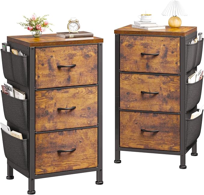 Night Stand Set 2,Night Stand with Drawers for Bedroom,Bedside Table with Wooden Top,Sturdy Steel Frame End Table,Dorm Small Nightstand for Bedroom,Entryway,Hallway,Cloth Bags,Hooks,Rustic Brown by EnHomee