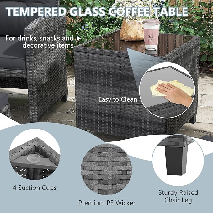 ORALNER 5 Pieces Patio Furniture Set with Ottoman, Wicker Conversation Set w/Cushions, Glass Coffee Table, Outdoor Lounger Rattan Chairs Bistro Set for Porch Balcony Garden Deck Poolside (Grey)