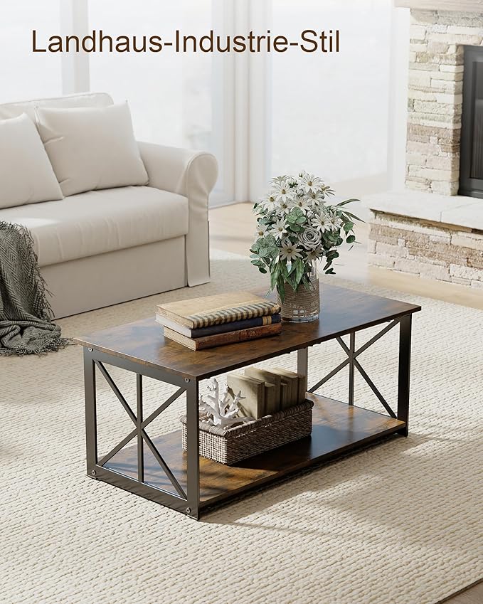 Rectangle Coffee Table for Living Room, Wood Rustic Coffee Table with 2 Tier and Metal Frame, Industrial Modern Center Table, Rustic Brown