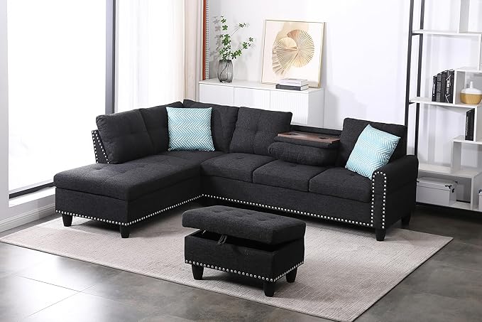 Modular Sectional Sofa Set, Modern L Shaped Sectional Sofa Set with Storage Ottoman & 2 Pillow, 2 Cup Holders, 6 Seat Sofa Couch Set for Living Room, Office, Apartment (Linen, Charcoal Grey)