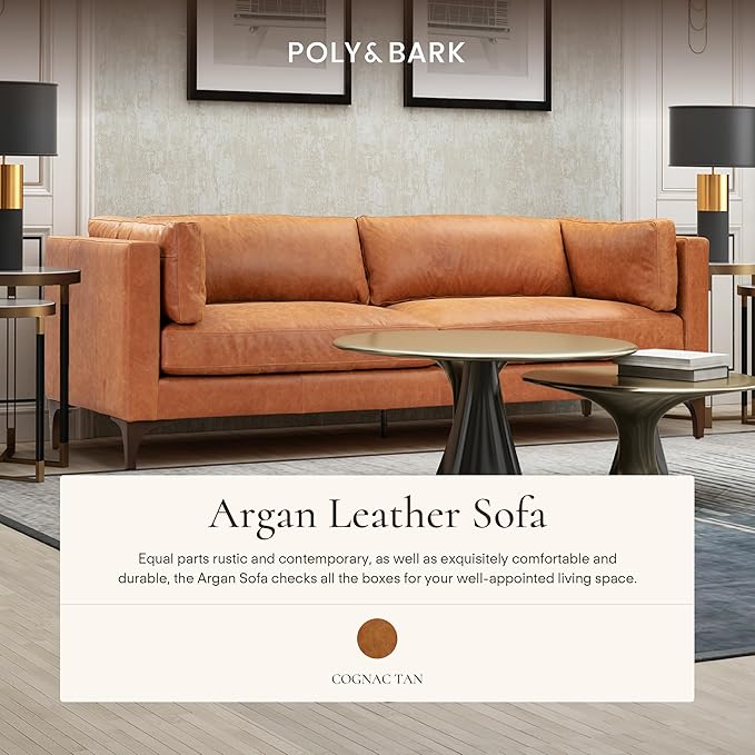POLY & BARK Argan 93” Leather Sofa – Full-Grain Italian Aniline Leather, Feather-Down Comfort, Solid Wood Frame – Cognac Tan