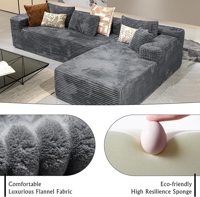Grey sectional couches for Living Room-Corduroy Couch，104" Cloud Sectional Couch with L-Shape Chaise， Modern Modular Sofa, Deep Seat Comfort, No Assembly Required(Plush Corduroy Fabric)