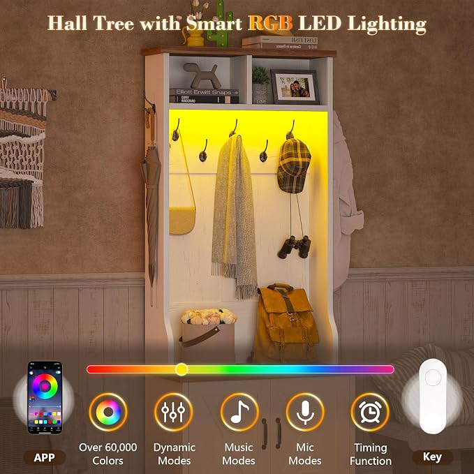 CSZZD Hall Tree with Bench and Shoe Storage, Entryway Bench with Coat Racks and Led Lights, Farmhouse Small Hall Tree with Shoe Cabinet, 7 Coat Hooks, 6 Storage Cubbies, Adjustable Shelf - Image 7