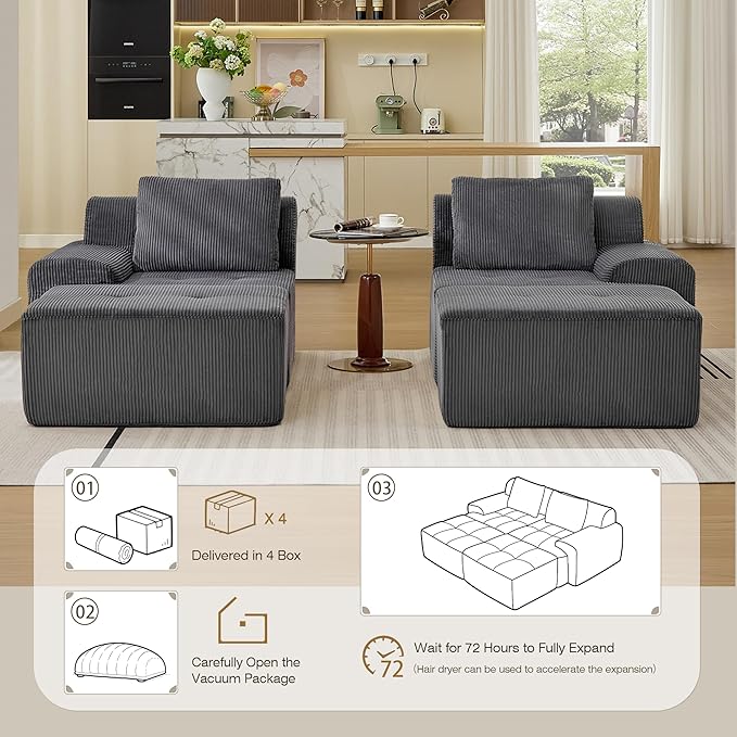 Boneless Couches for Living Room, Corduroy Couch, Modular Sectional Sofa, Big Comfy Couch, Modular Cloud Sofa with Deep Seat, Sofabed (Grey, 4 Pieces-Bedshape)