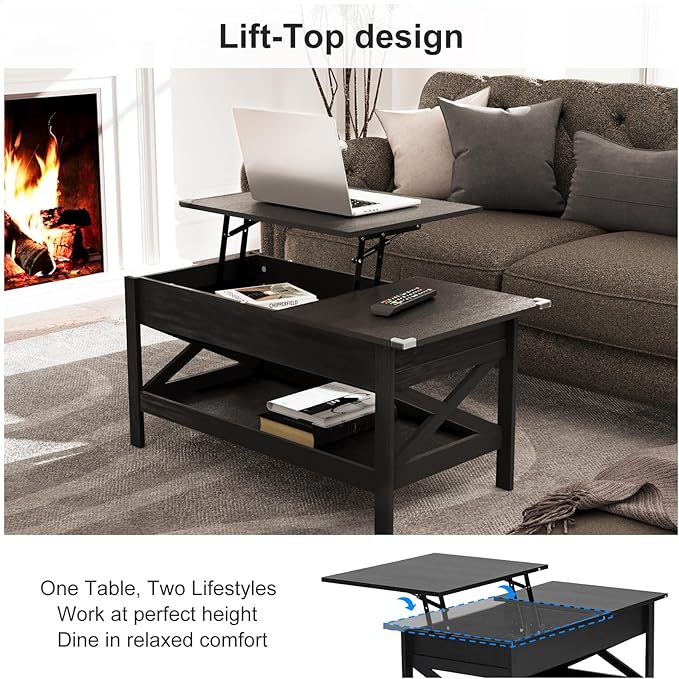 Lift Top Coffee Table with Storage, Small Coffee Table with Hidden Compartment, Dining Center Tables with Lifting Tabletop for Living Room, Home Office