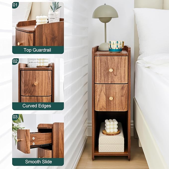 Narrow End Table Bedroom, Wooden Small 2 Drawer Nightstand, Thin Couch Side End Table, Skinny Bedside Table Small Spaces, Mid Century Modern Night Stand with Drawers (Walnut-1 pc) - Image 9
