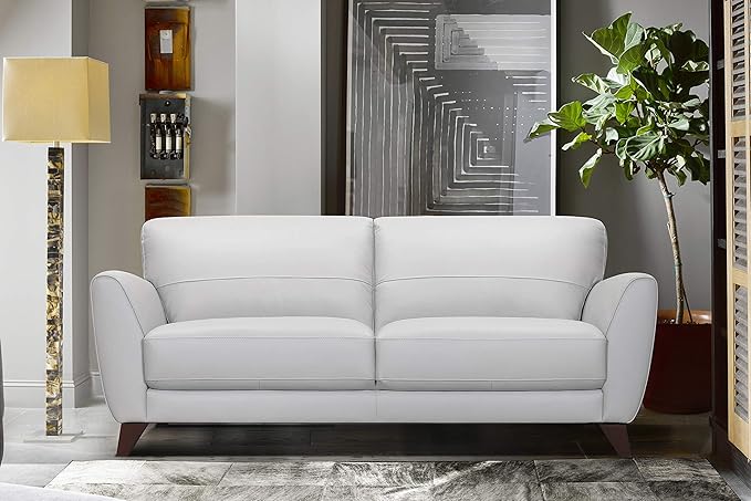 Armen Living Jedd Contemporary Sofa in Genuine Dove Grey Leather with Brown Wood Legs