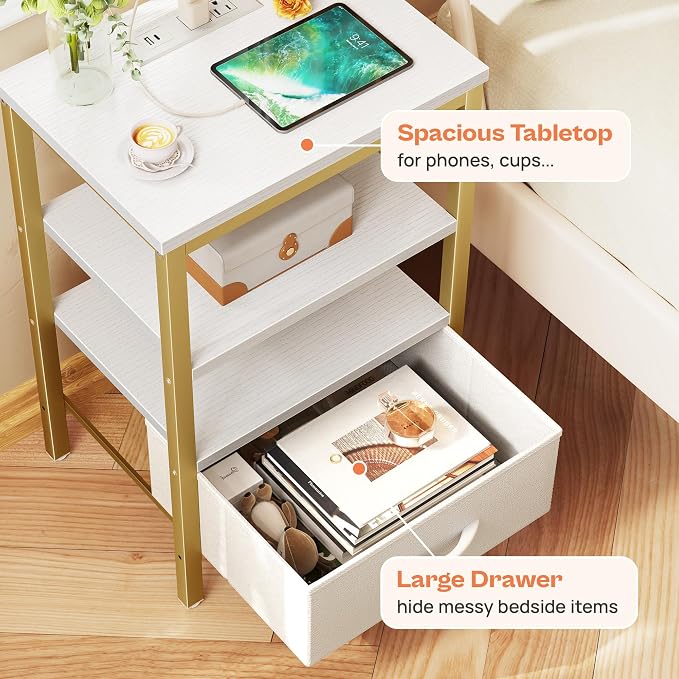 SUPERJARE Nightstand with Charging Station, Bed Side Table with Adjustable Fabric Drawer, Night Stand for Bedroom, 3-Tier Storage End Table, for Living Room, White and Gold - Image 5