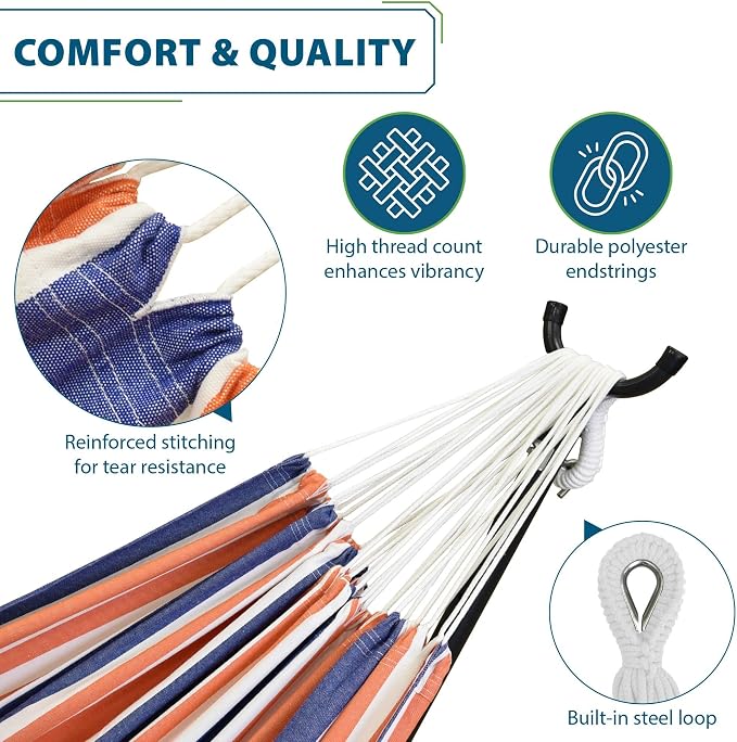 Vivere Double Cotton Hammock with Space Saving Steel Stand, Upgraded Polyester End Strings 450 lb Capacity - Premium Carry Bag Included - USA Grown Cotton (Orange Punch) - Image 2