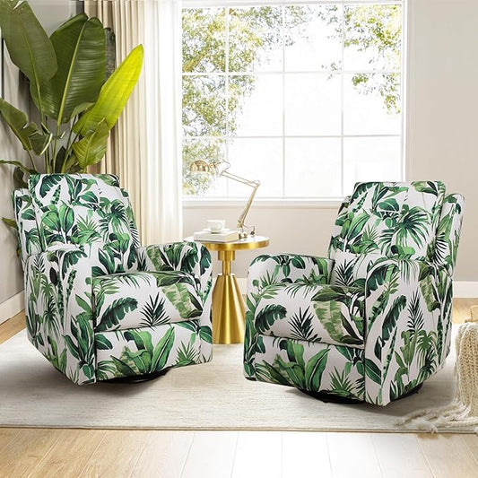 HULALA Home Recliner Chair Set of 2, Modern Printed Fabric for Living Room, Rocker Recliner Sofa Comfy Armchair 360 Degree Swivel, Nursery Rocking Chairs with Adjustable Backrest & Footrest/Green