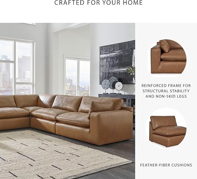 Signature Design by Ashley Emilia Modern Modular Leather Match 5-Piece Sectional with Loose Back Cushions and 2 Bolster Pillows, Light Brown