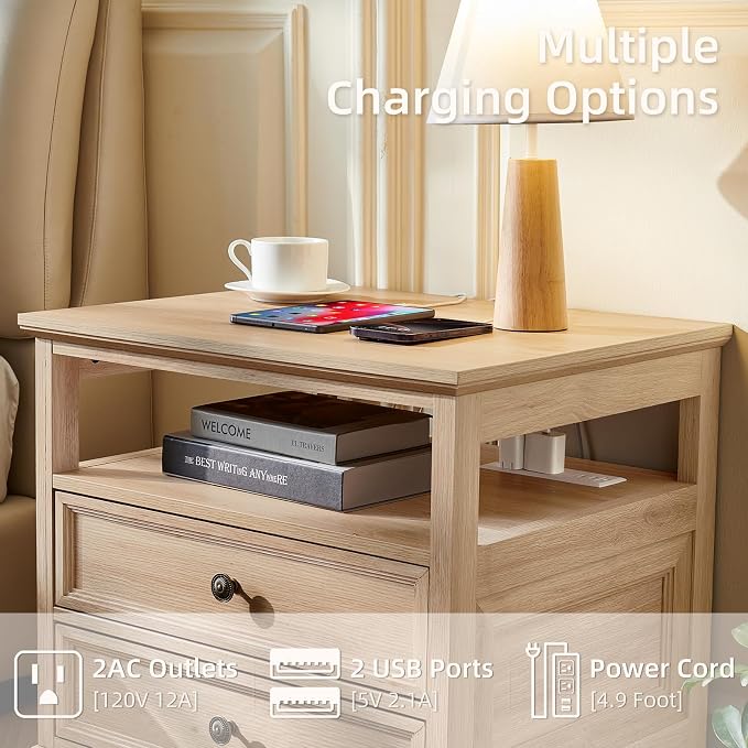 Joaxswe Farmhouse Nightstand Set of 2 with Charging Station, 24" Wide End Table with 2 Drawers,Natural Dresser for Bedroom,Bed Side Table Chest of Drawers Cabinet, Night Stand for Living Room - Image 7