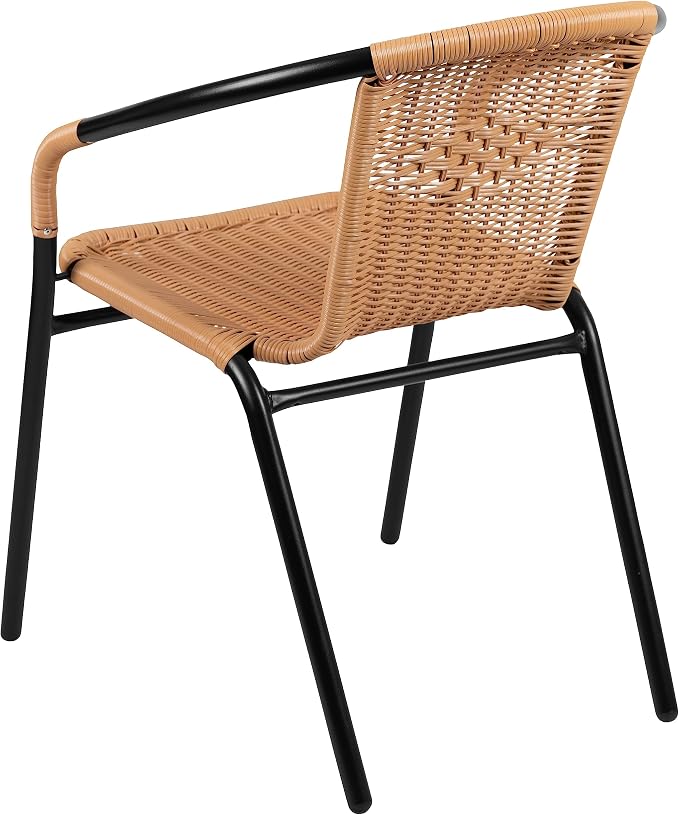 EMMA + OLIVER Set of 4 Modern Rattan Indoor/Outdoor Stack Chairs, Stacking Rattan Patio Chairs with Curved Back and Cross Bracing, Beige - Image 9