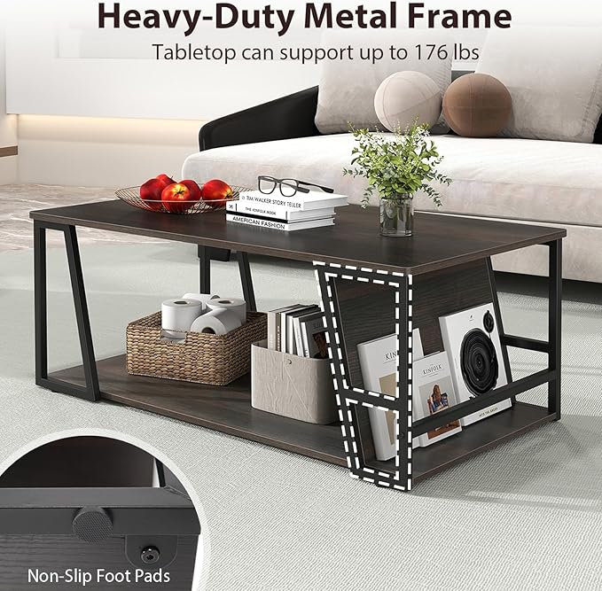 Giantex Modern Coffee Table with Storage, 2-Tier Rustic Wood Center Table with Shelf, Compartment, Metal Frame, Rectangular Geometric Living Room Table for Apartment (Espresso)