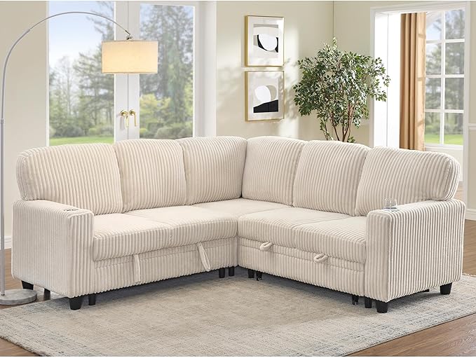 ERYE L-Shaped Symmetrical Sleeper Sectional Sofa W/Pull Out Sleeper Couch Bed and Storage Seat for Living Room, Corduroy Tufted Corner Convertible Sofa Bed with USB-C Ports
