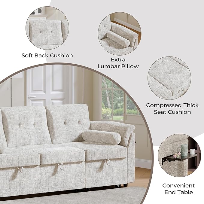 Convertible Queen Sofa Bed, 63 Inch Chenille Pull Out Couch with Side Table, 3 Seat Pull Out Sofa Bed with Level Adjustable Backrest, Comfy Sleeper Sofas for Living Room, Apartment, Beige
